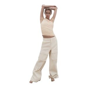 Zara Full Length Cargo Pants Womens Cream Cotton Pants Medium Baggy Mid Waist